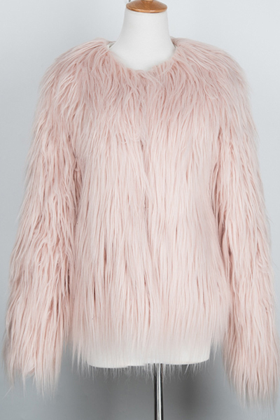 Trendy Long Sleeves Flesh Pink Faux Fur Coat