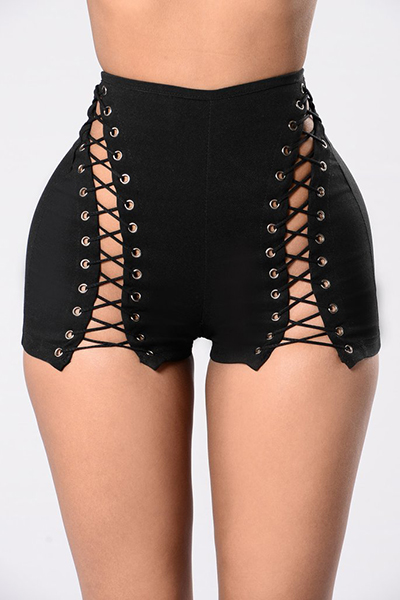 Sexy High Waist Hollow Out Black Polyester Skinny Shortslw Fashion Online For Women 0406