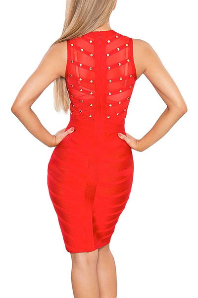 Sexy Sleeveless See-Through Rivet Decoration Red H