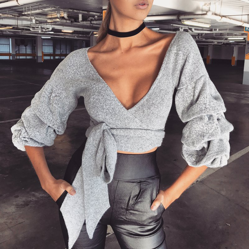 Casual V Neck Long Sleeves Lace-up Grey Cotton Pul