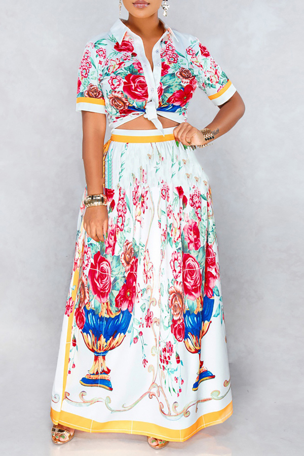 Lovely Elegant Floral Printed White Two Piece Skirt Setlw Fashion Online For Women