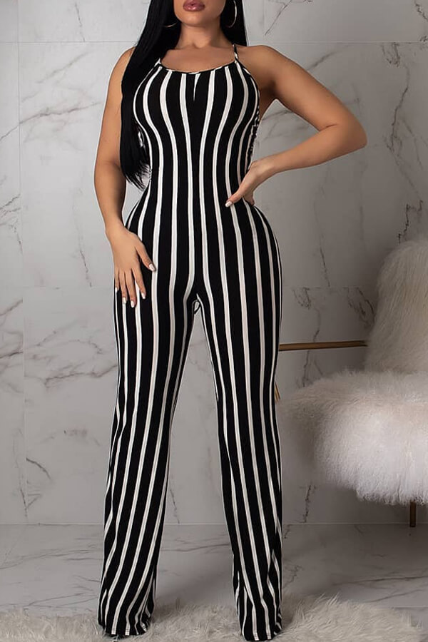 Lovely Sexy Striped Lace Up Hollow Out One Piece Jumpsuitwith Elasticlw Fashion Online For