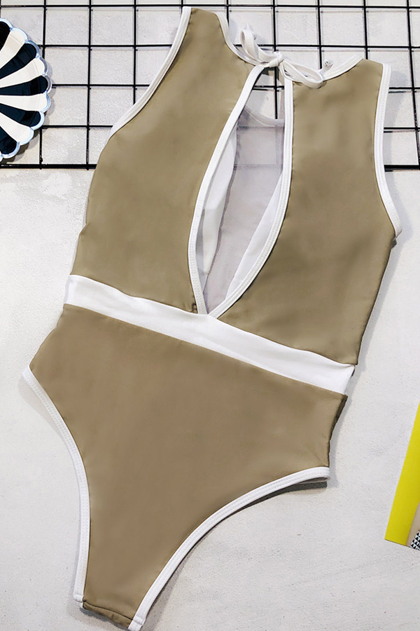 Lovely Patchwork Khaki Onepiece SwimsuitLW Fashion Online For Women Affordable Women's