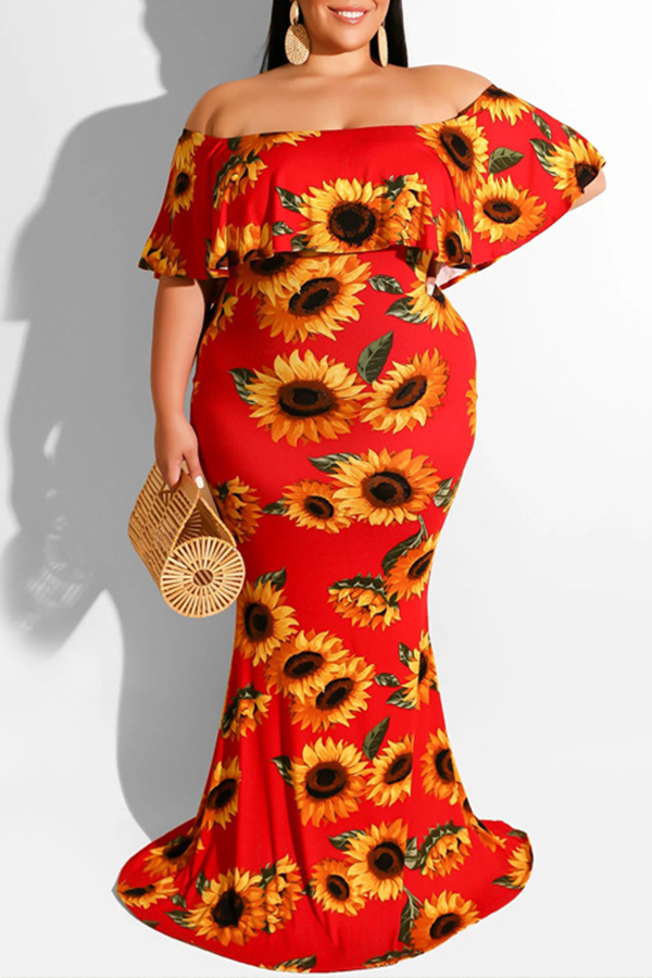 Lovely Trendy Sunflower Print Red Maxi Plus Size DressLW Fashion