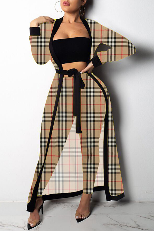 Lovely Casual Plaid Printed Khaki Twopiece Pants Set(Without Lining)LW