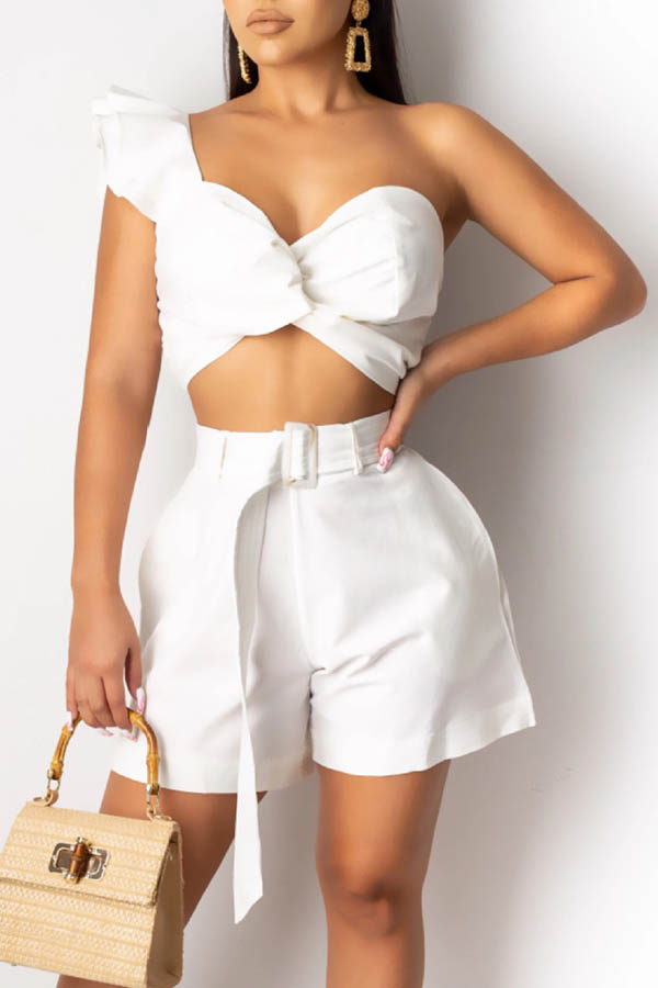Lovely Casual One Shoulder White Two Piece Shorts Setlw Fashion Online For Women Affordable