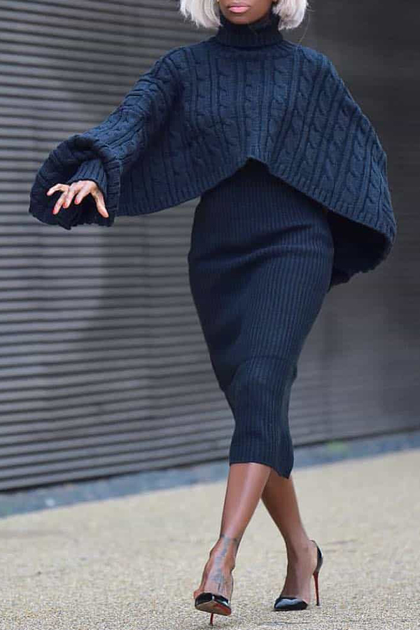 black turtleneck and skirt outfit
