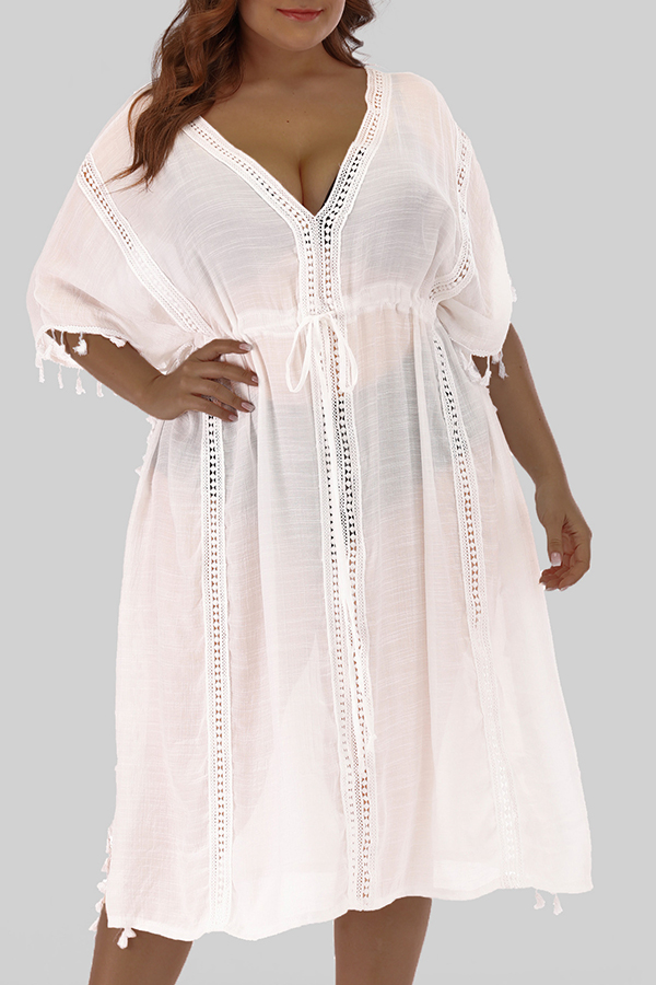 Lovely Casual V Neck White Plus Size CoverupLovelyWholesale