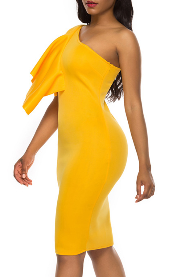 Lovely Trendy One Shoulder Yellow Knee Length Dresslw Fashion Online For Women Affordable