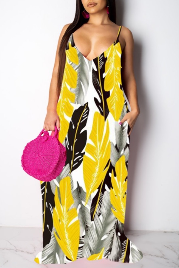 Lovely Trendy Plants Print Yellow Maxi DressLW | Fashion Online For ...