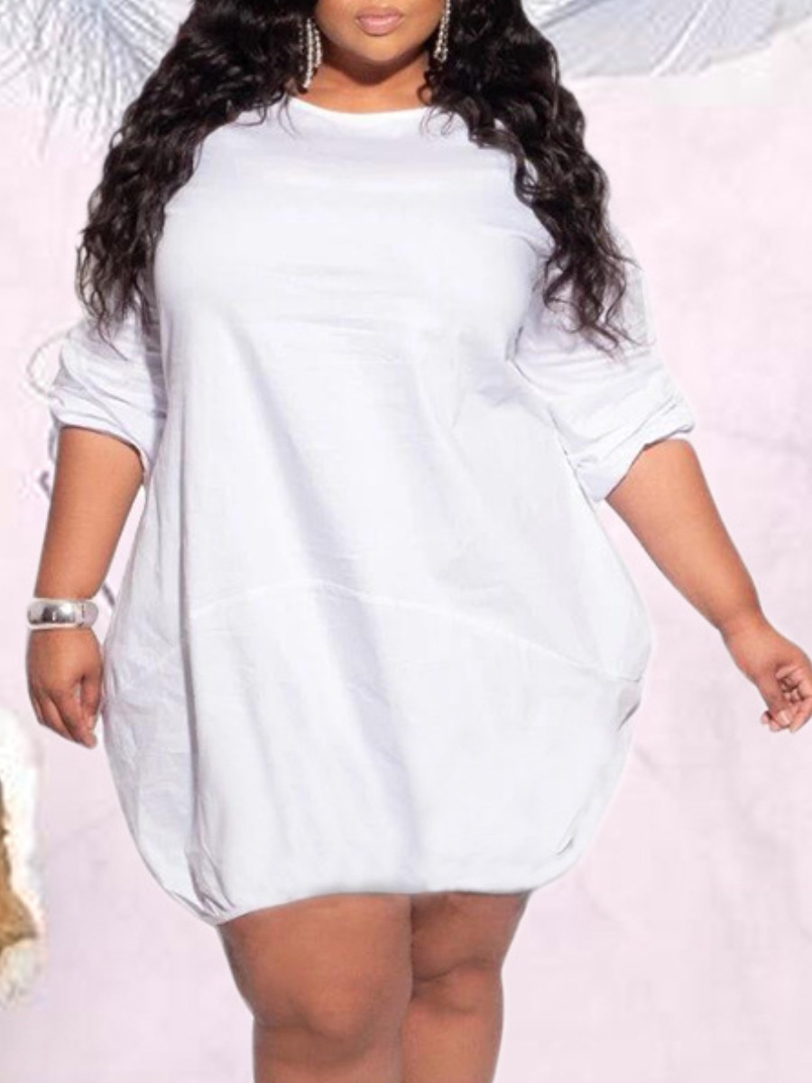 Lovely Casual O Neck Basic White Knee Length Plus Size Dresslw 