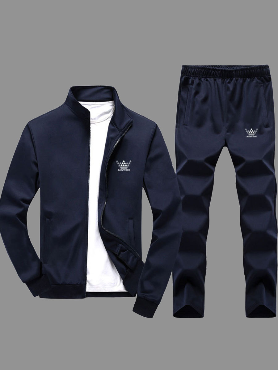 Men lovely Sportswear Zipper Design Deep Blue Two-piece Pants SetLW ...