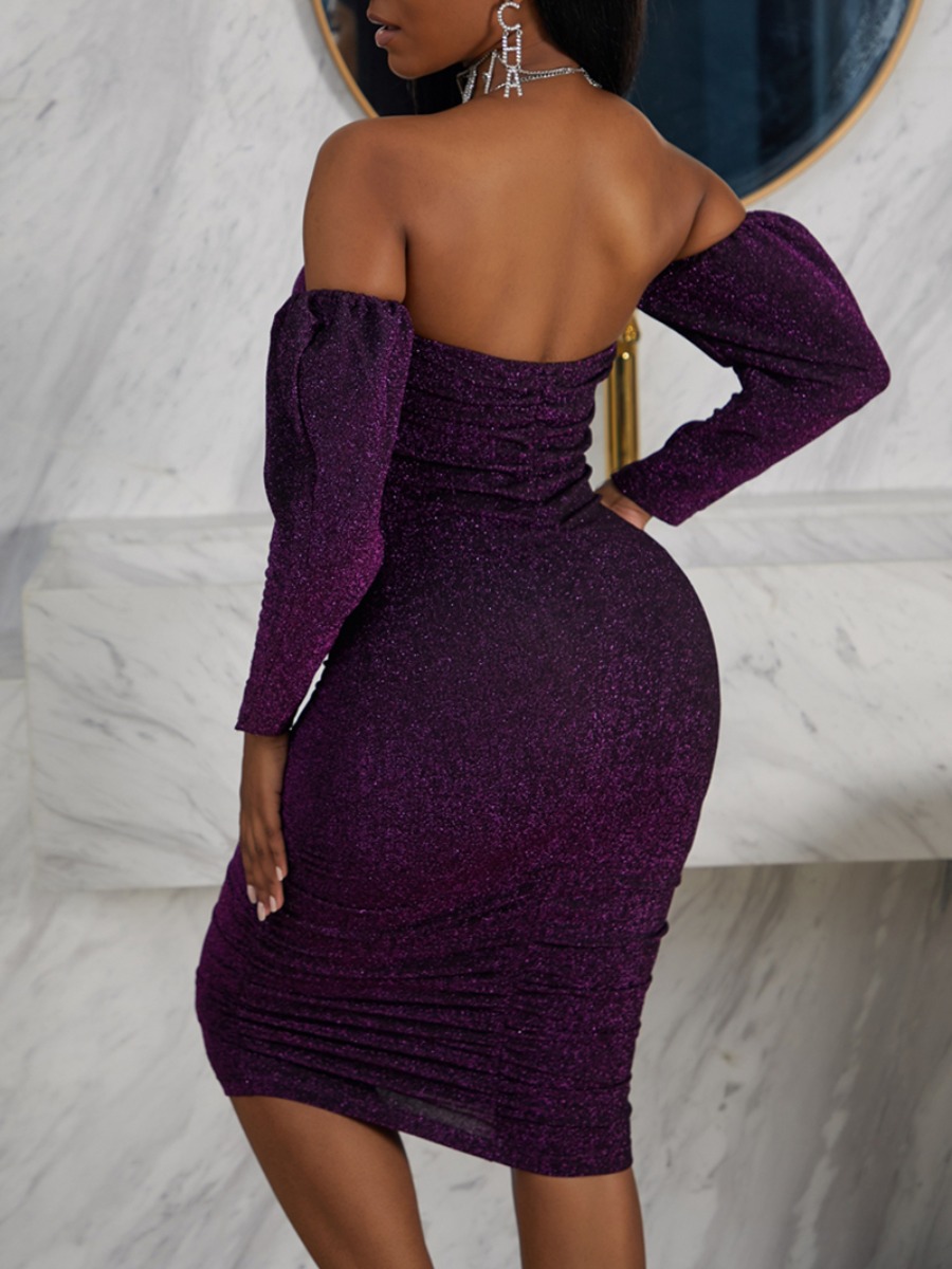 Lovely Trendy Dew Shoulder Fold Design Purple Mid Calf DressLW ...