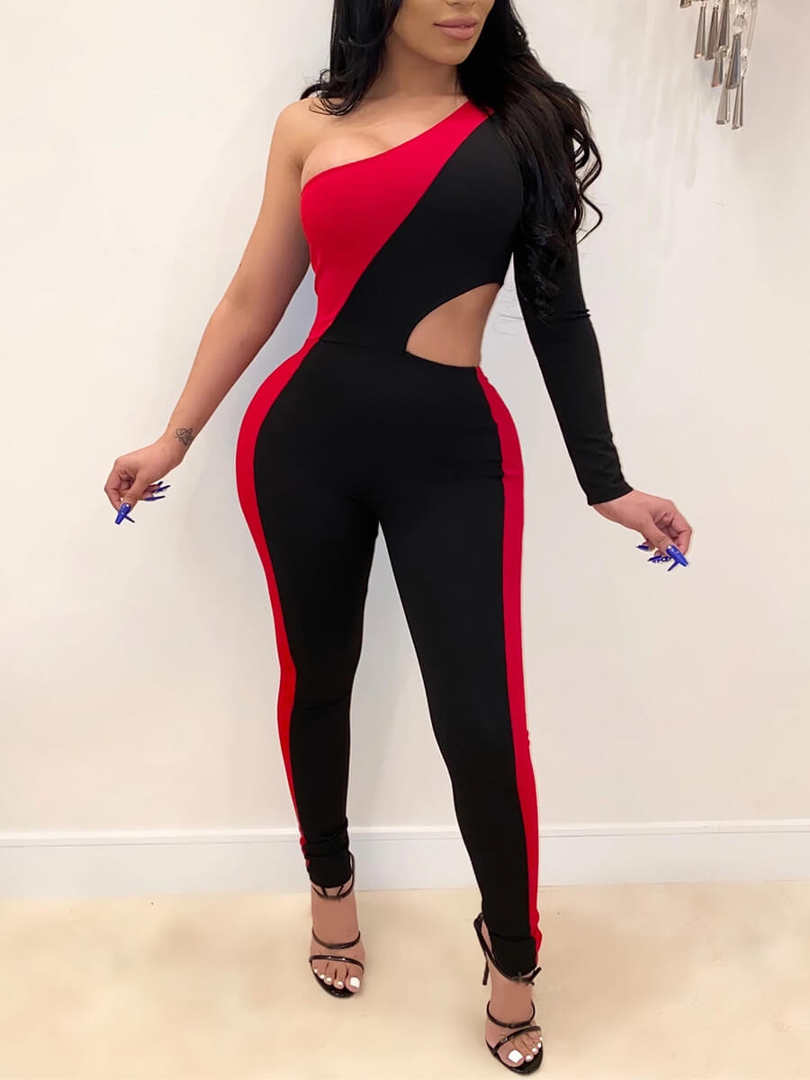 Lovely Sexy One Shoulder Hollow-out Patchwork Red One-piece JumpsuitLW ...