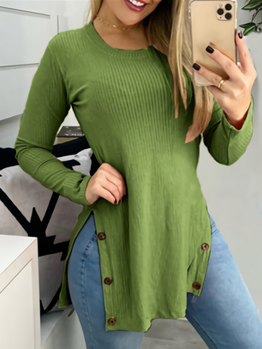 LW Button Design Rib Knit Split T-shirt Sale | LovelyWholesale